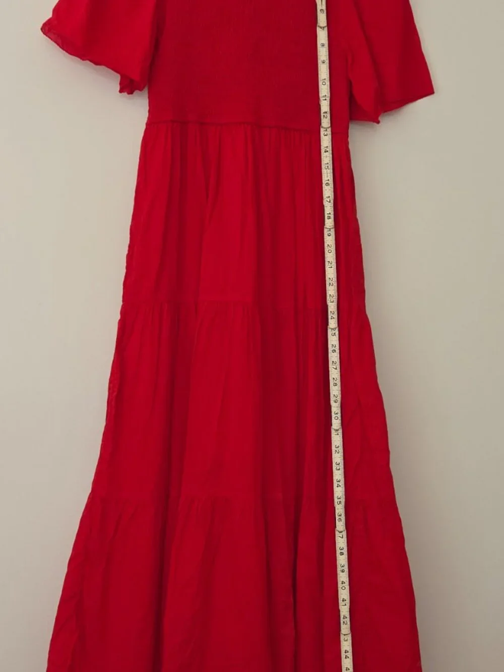 Monoprix Red Smocked Midi Dress NWOT lined - Picture 4 of 11